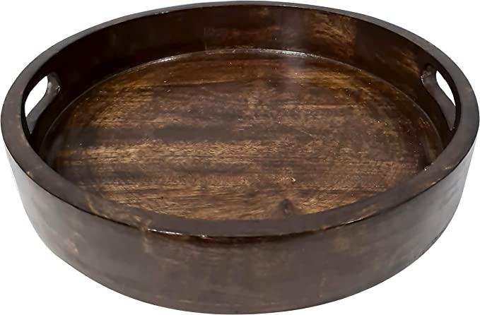 Hand-carved Round Wooden Rustic Serving Tray Platter With Handle Centerpiece Display By collectiblesBuy