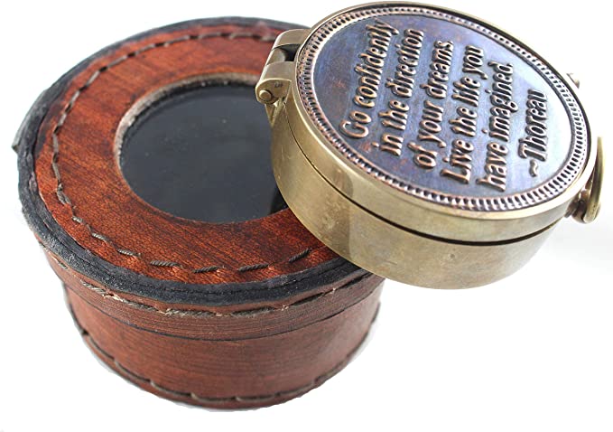 Vintage Antique Quote Leather Round Box Nautical Compass Quote by Thoreau Handmade Gifts