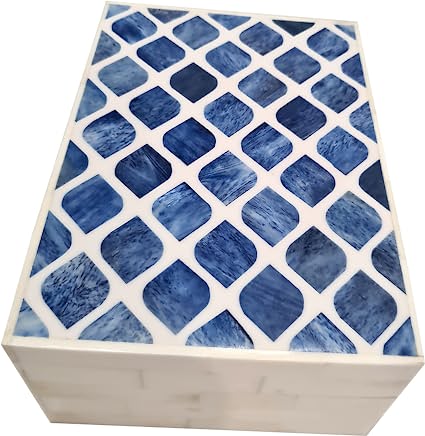 Decorative Box Rectangular Traditional Storage Jewelry Keepsake Hand Carved Bone Inlay Organizer Moorish Morocco Design Blue & White