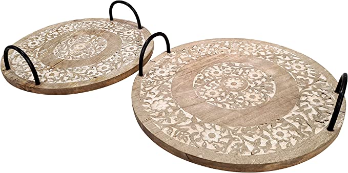 Natural Board Serving Tray Hand Carved Round Wooden Trays with Metal Handles Set of 2