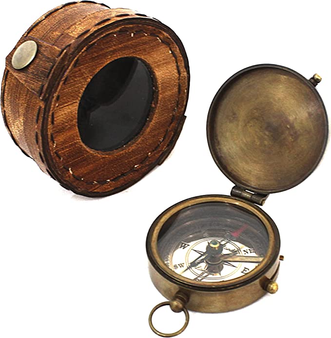 Magnetic Nautical Instrument Vintage Ornament Navigational Compass Marine Brass Orange Leather Classic Case