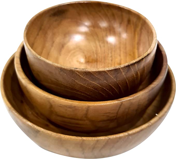 Set of 3 Vintage Handcrafted Wooden Serving Bowl Set For Salad Fruits Food Safe