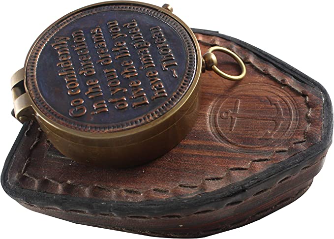 Nautical Leather Case Antique Brass Quote Compass Vintage Navigation Instrument Unique Design Magnetic Maritime Ship Sailor Device Finder Item