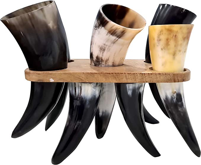 Set of 5 Authentic Ceremonial Viking Drinking Horn With Holder Ancient Beer Vessel Chalices