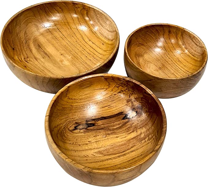 Set of 3 Vintage Handcrafted Wooden Serving Bowl Set For Salad Fruits Food Safe