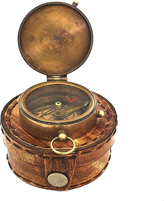 Magnetic Nautical Instrument Vintage Ornament Navigational Compass Marine Brass Orange Leather Classic Case