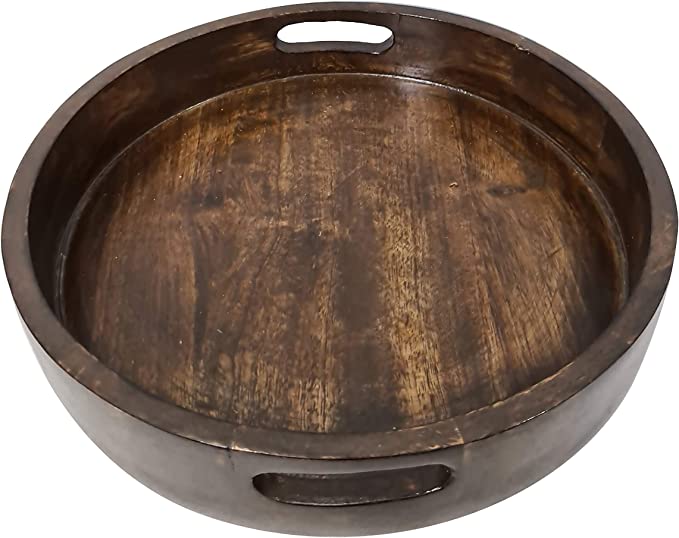 Hand-carved Round Wooden Rustic Serving Tray Platter With Handle Centerpiece Display By collectiblesBuy