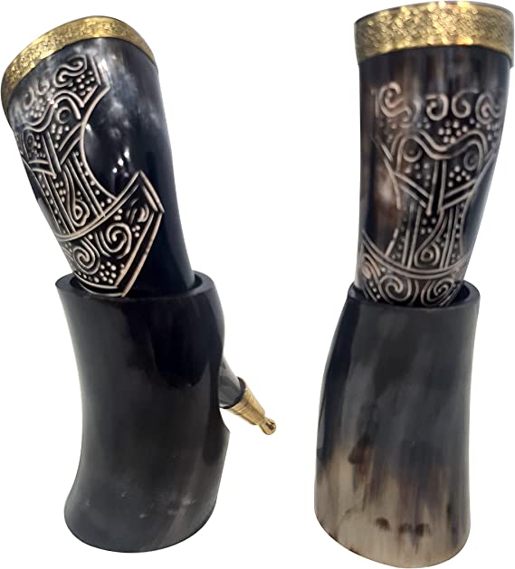 Handmade Viking Drinking Real Ox-Horn With Horn Stand & Brass Wolf Adornments SET OF 2