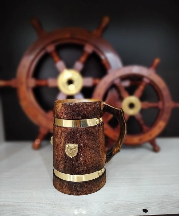 Vintage Style Medieval Inspired Wooden Beer Mug/Stein Brass Barrel Design With Embossed Metal Lion Wood Tankard