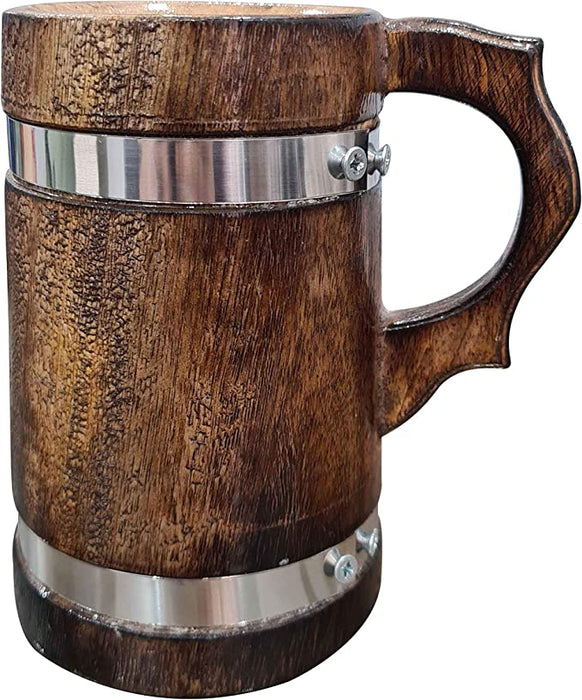 Rustic Large Beer Tankard Groomsmen Handmade Wooden Mug Drinkware Stein Chrome Strap Eco-Friendly