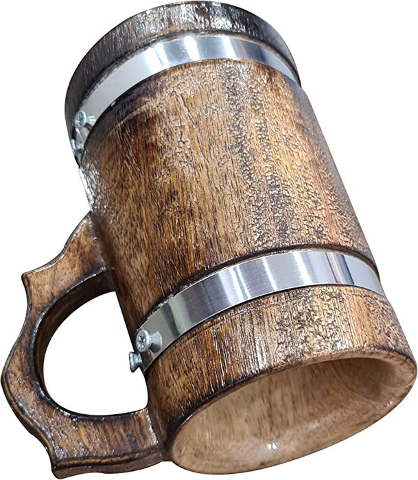 Rustic Large Beer Tankard Groomsmen Handmade Wooden Mug Drinkware Stein Chrome Strap Eco-Friendly