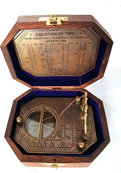 Vintage F Cox Brass Sundial Compass Boxed In Teak Inlaid Box Antique Decorative Device By collectiblesBuy