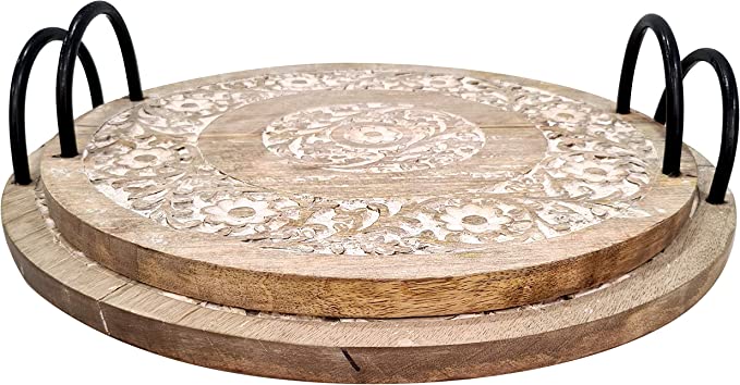 Natural Board Serving Tray Hand Carved Round Wooden Trays with Metal Handles Set of 2
