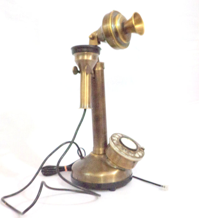 Vintage Antique Candlestick Rotary Dial Phone Brass Finish Table Decorative Telephone