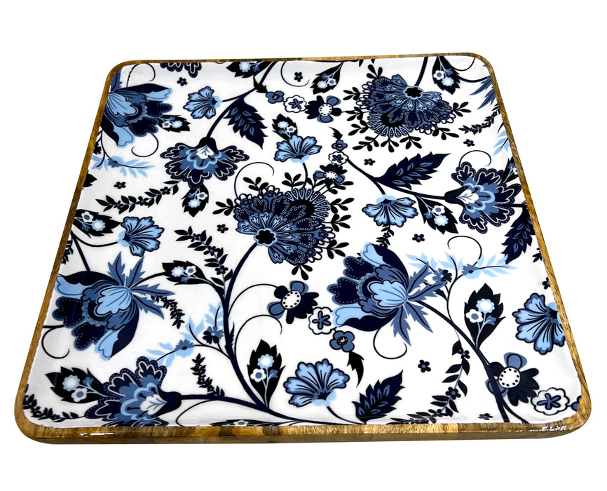 Beautiful Antique Square Shape Blue Floral Print Serving Coffee Table Elegant Decorative Tray Practical and Sturdy Design Easy to Clean and Washable Ideal Coffee,Breakfast,Dessert