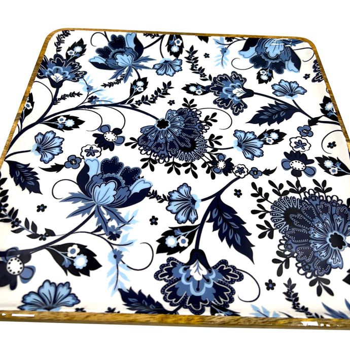 Beautiful Antique Square Shape Blue Floral Print Serving Coffee Table Elegant Decorative Tray Practical and Sturdy Design Easy to Clean and Washable Ideal Coffee,Breakfast,Dessert