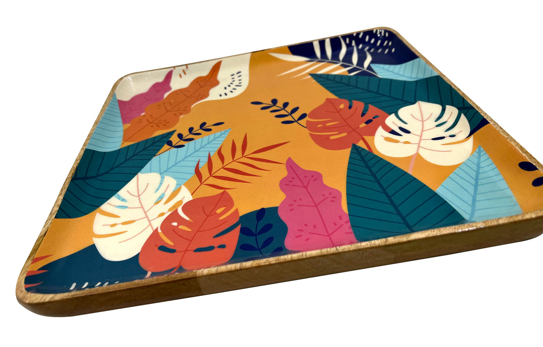 Multi-Colored Tropical Print Attractive Serving Tray Handmade Solid Wood Rectangle Shaped Kitchen And Home Decorative Tray Coffee, Tea, Cocktails Natural Wood Breakfast Bed Tray