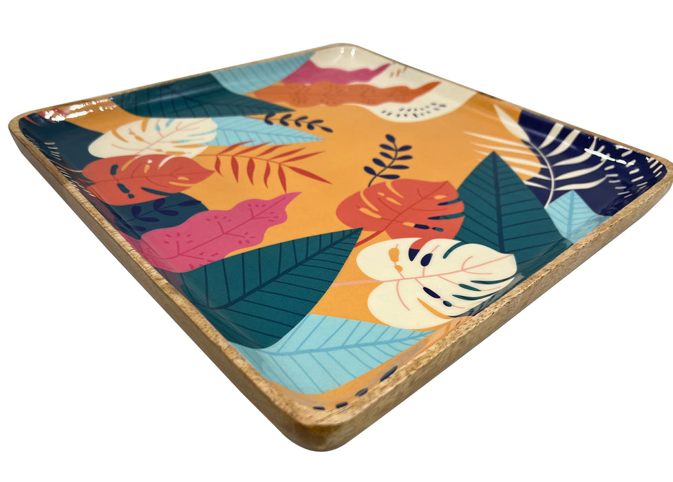 Multi-Colored Tropical Print Attractive Serving Tray Handmade Solid Wood Rectangle Shaped Kitchen And Home Decorative Tray Coffee, Tea, Cocktails Natural Wood Breakfast Bed Tray