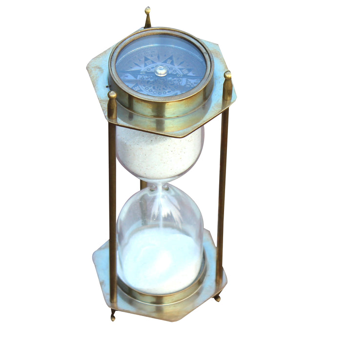 Vintage Maritime Antique Brass White Sand Timer 2 Compass Kitchen Handmade Hourglass