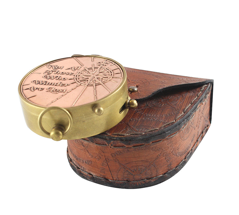 Antique Dial Marine Brass Compass Leather Case Not All Those Who Wander are Lost Copper, 2 inch, Brown