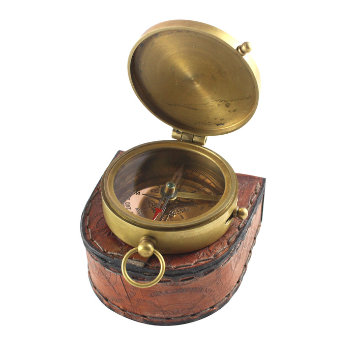 Antique Dial Marine Brass Compass Leather Case Not All Those Who Wander are Lost Copper, 2 inch, Brown