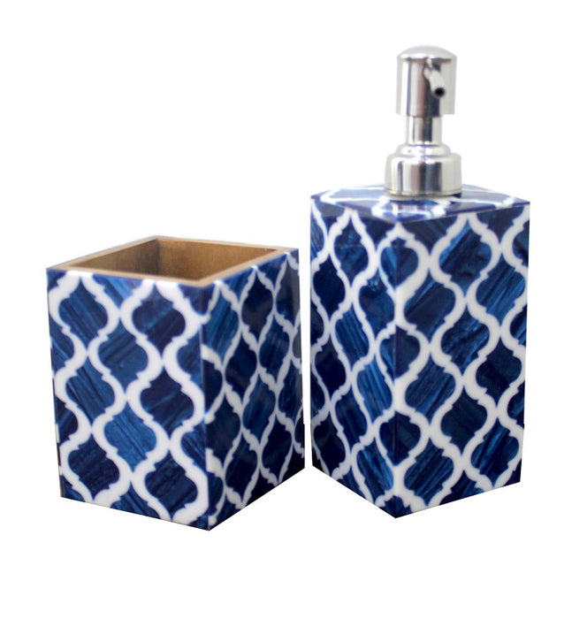 Handmade Resin and Wooden Soap Dispensers and Tooth Brush Holder Bathroom Accessories Royal Look Home Articles (Blue & White)