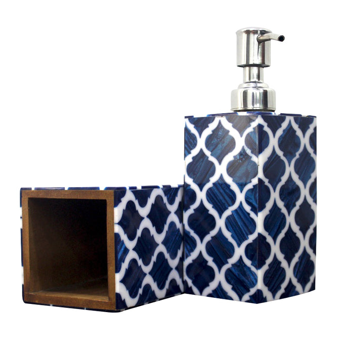 Handmade Resin and Wooden Soap Dispensers and Tooth Brush Holder Bathroom Accessories Royal Look Home Articles (Blue & White)
