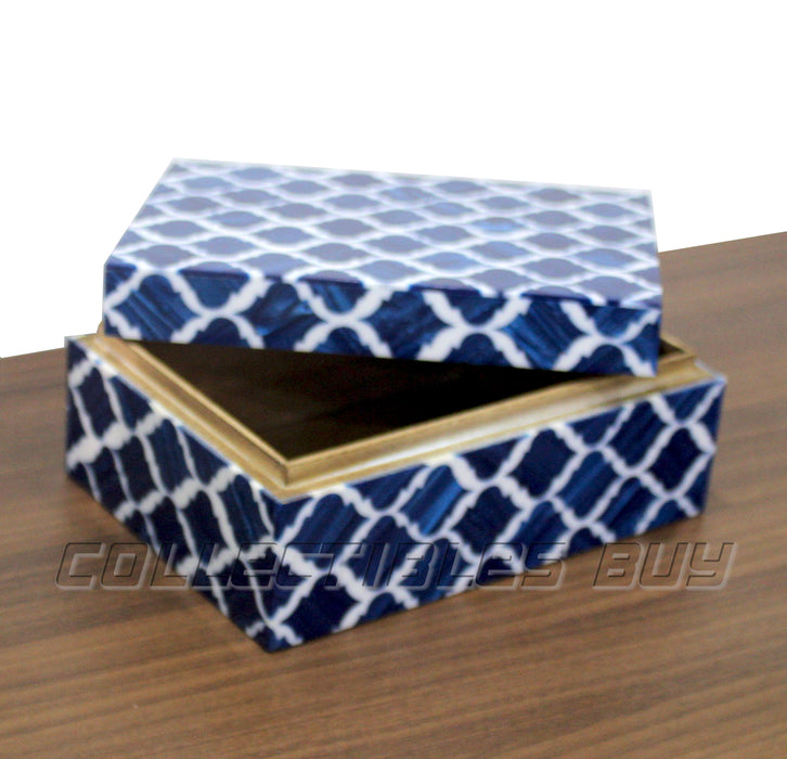 A New Blue Designer Box Horn Royal Home Decorative Handmade Retro Box Vintage Art , 7 X 3 X 5 inches , Blue & White
