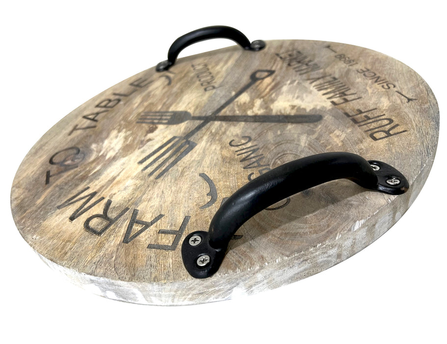 Handmade Vintage Tray Platter Black Metal Handles Wooden Circle Tray Kitchen & Dinning Counter Home Decorative Item Multipurpose Tray Table Ottoman Tray Natural Wood Round Shaped Serving Tray