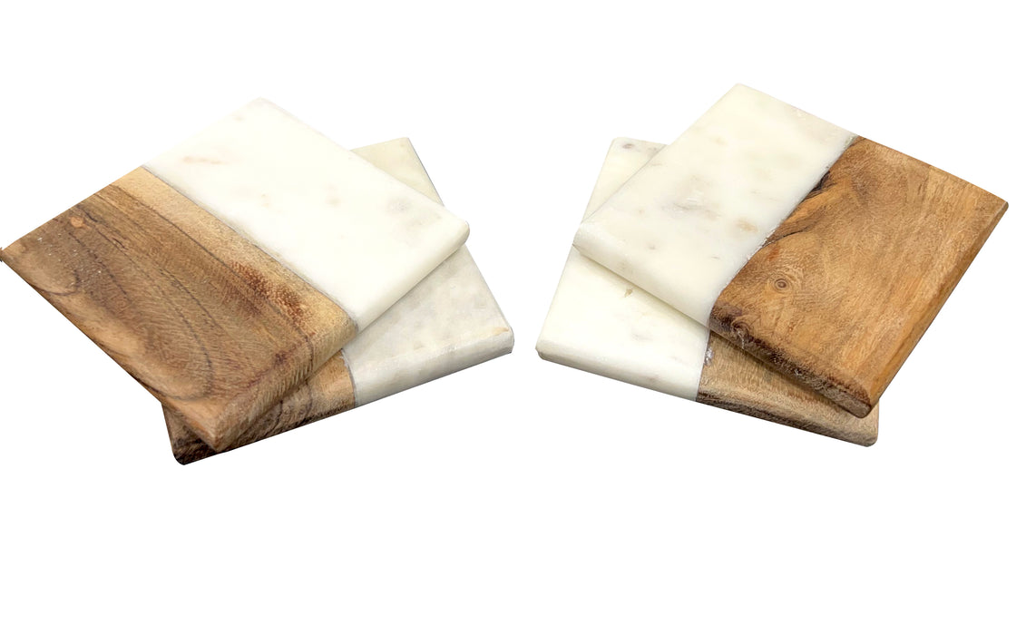 Decorative Marble and Wooden Square Shape Bar Wine Coasters Coffee Cup Coasters (Set of 4) Housewarming Gifts for New Home Present for Friends, Living Room Decor, Apartment Decor