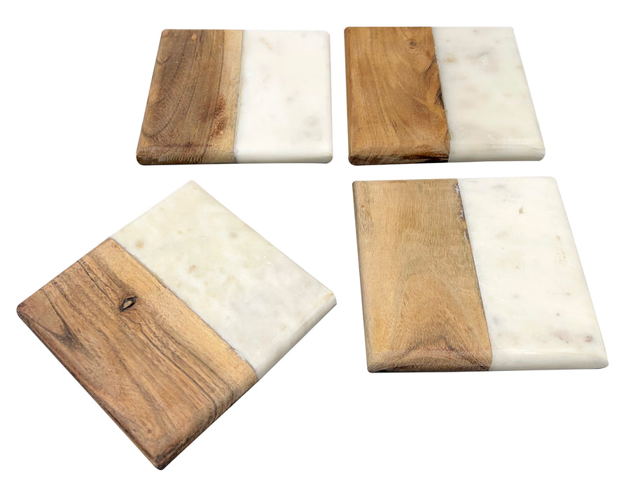 Decorative Marble and Wooden Square Shape Bar Wine Coasters Coffee Cup Coasters (Set of 4) Housewarming Gifts for New Home Present for Friends, Living Room Decor, Apartment Decor