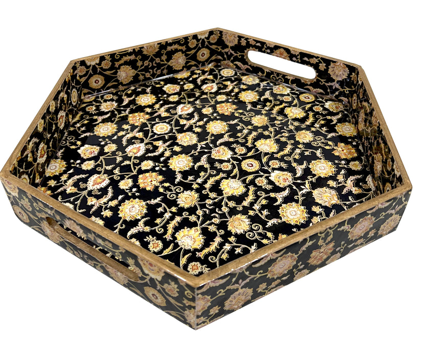 Decorative Hexagon Shape Floral Design Multi-color Serving Tray W/Cutout Handles Portable Bed Tray for Breakfast Dinner, Eating Trays for Living Room, Restaurants