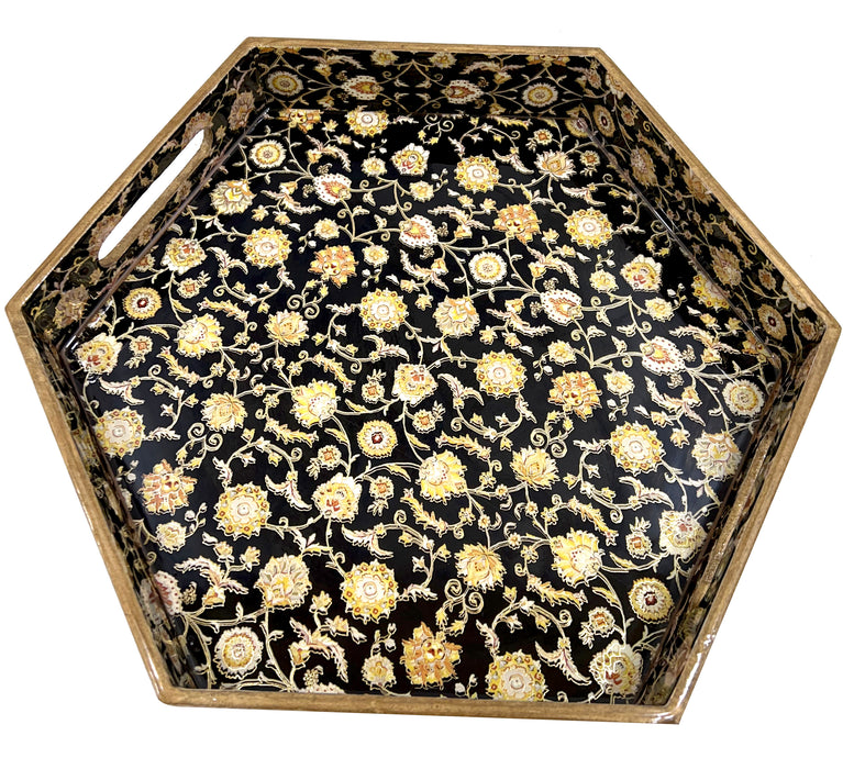 Decorative Hexagon Shape Floral Design Multi-color Serving Tray W/Cutout Handles Portable Bed Tray for Breakfast Dinner, Eating Trays for Living Room, Restaurants
