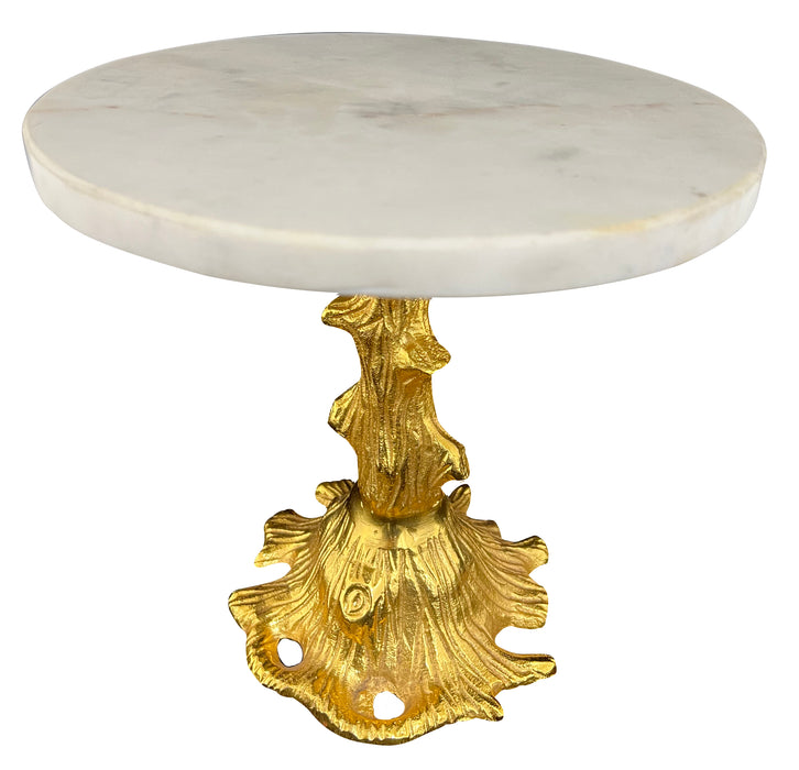 Handmade Solid Marble and Aluminum Cake Stand 10 Inches Diameter Decorative Display Centerpiece for Desserts and Cakes at Parties or Weddings White and Golden Color