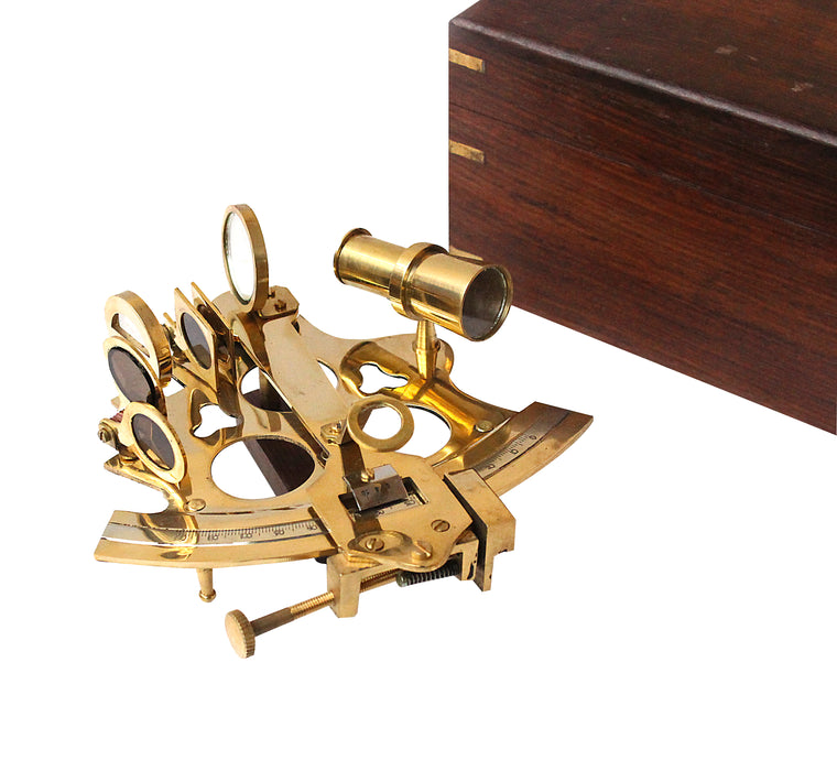 Vintage Ship History Brass Sextant with Hardwood Box Antique Marine Collectible, 6 inch
