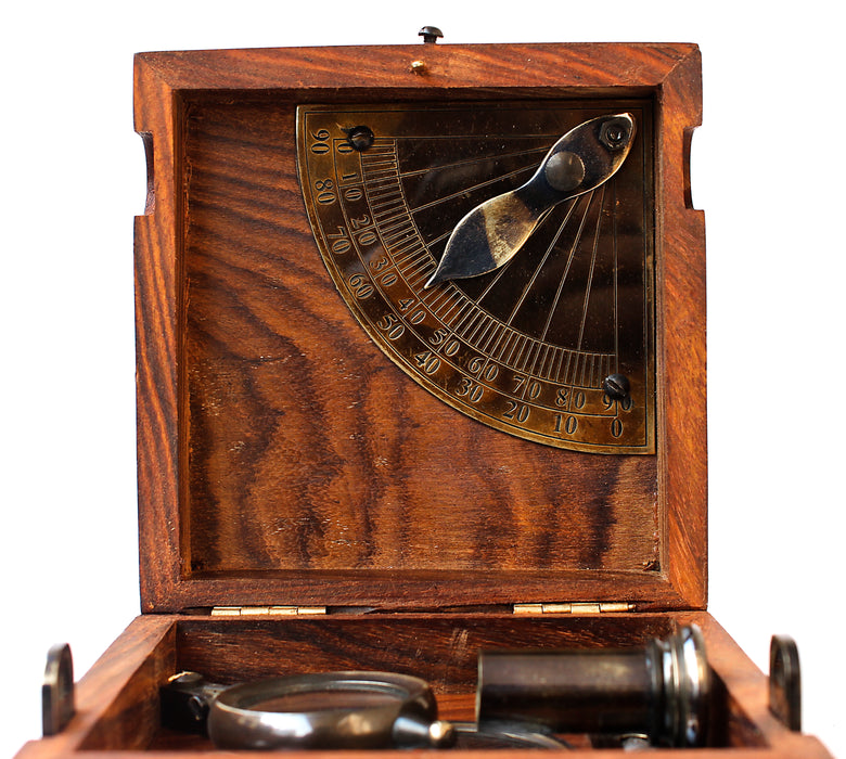 Vintage Six Instrument Marine Compass Telescope Scale Chart Spirit Level Brass Alidade Compass With Master Wooden Box