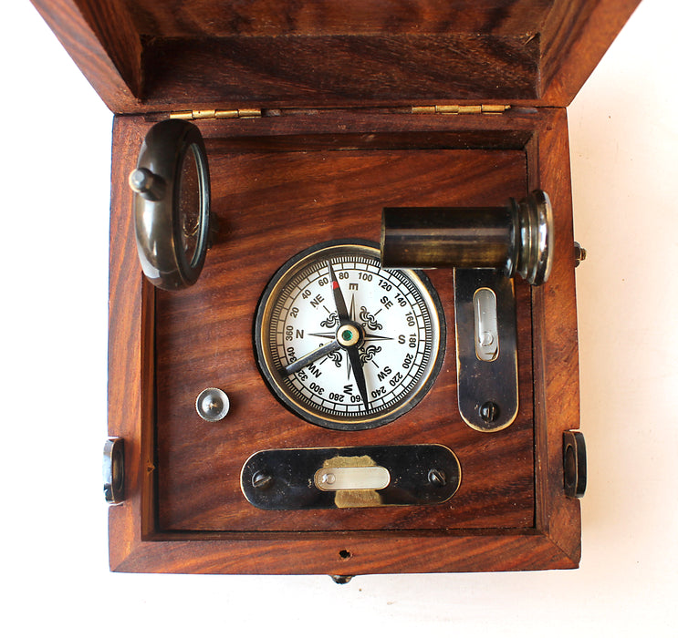 Vintage Six Instrument Marine Compass Telescope Scale Chart Spirit Level Brass Alidade Compass With Master Wooden Box