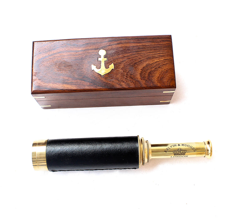 Vintage Kelvin & Hughes Telescopes Leather Nautical Shiny Finish W/Antique Wooden Box Unique Gift Items