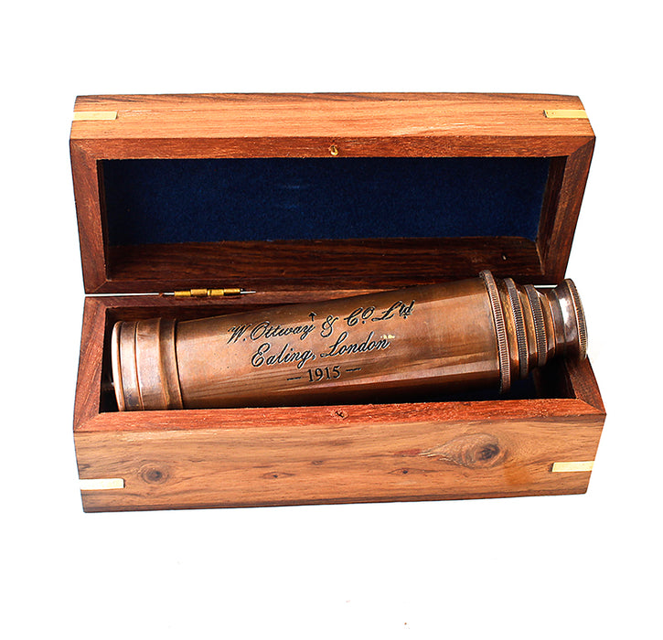 Vintage Copper Finish Telescope with Wooden Box Marine Gift London 1917