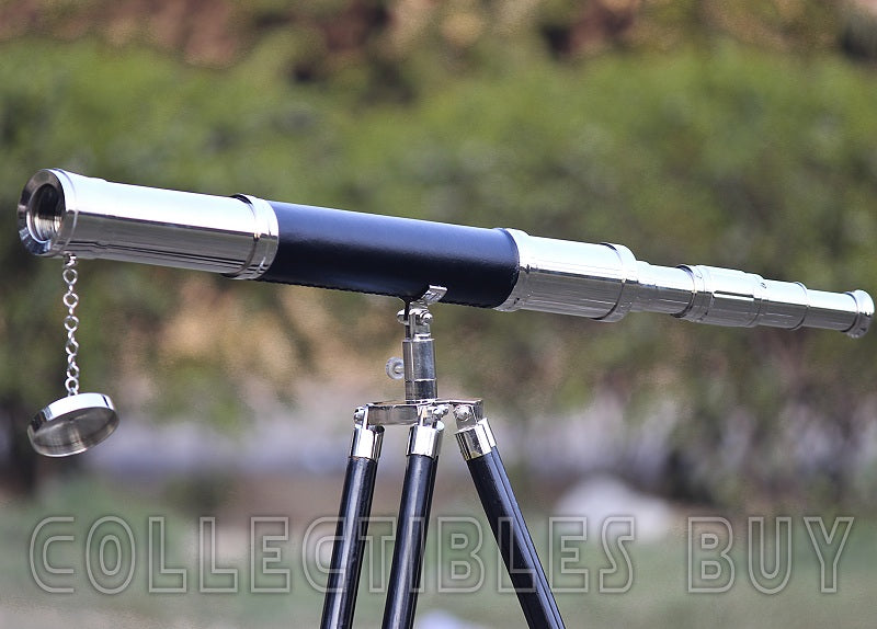 Antique Marine Chrome Brass Black Telescope Brown Vintage Tripod Standing Telescopes Nautical Leather Gifts sail Boat Decor Height 47 inches Tube 39 inches
