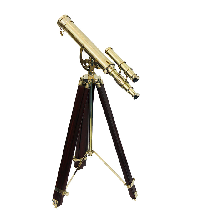 Vintage Marine Double Barrel Maritime Shiny Brass Collectible Telescope Nautical Wooden Stand Brown Adjustable Tripod Royal Item