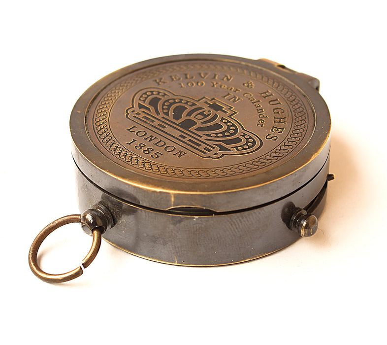 Antique Brass Compass Vintage Finish Kelvin Hughes 100 Year Calendar Pocket Compasses lid Compass