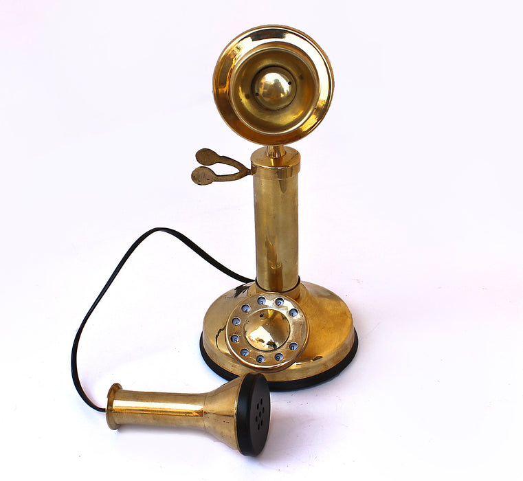 A Decorative Small Candle Stick Telephone Brass Finish Rotary dial Vintage Model Ornament Collection