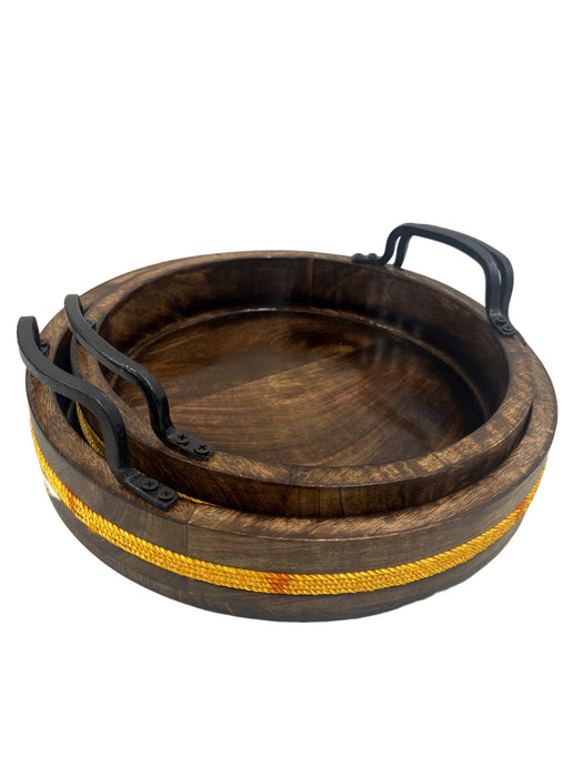 Rustic Wooden Serving Tray Round Wood Decorative Tray with Yellow Rope Vintage Centerpiece Trays Farmhouse Ottoman Tray for Kitchen Countertop Home Decor for Coffee Table Set of 2