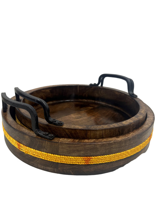 Rustic Wooden Serving Tray Round Wood Decorative Tray with Yellow Rope Vintage Centerpiece Trays Farmhouse Ottoman Tray for Kitchen Countertop Home Decor for Coffee Table Set of 2