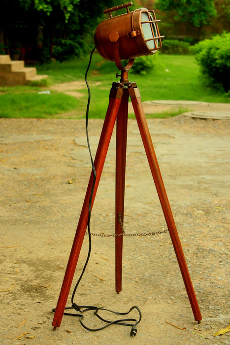 Vntage Antique Copper Floor Lamp Maritime Searchlight Wooden Tripod Collection of GIFTS