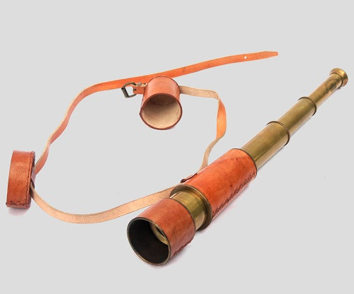 Antique Decorative Vintage Spyglass Telescope Leather Lens Cap Collectible Finish Royal Ship Sailor Marine Instrument (Orange Leather)