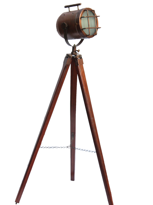Vntage Antique Copper Floor Lamp Maritime Searchlight Wooden Tripod Collection of GIFTS