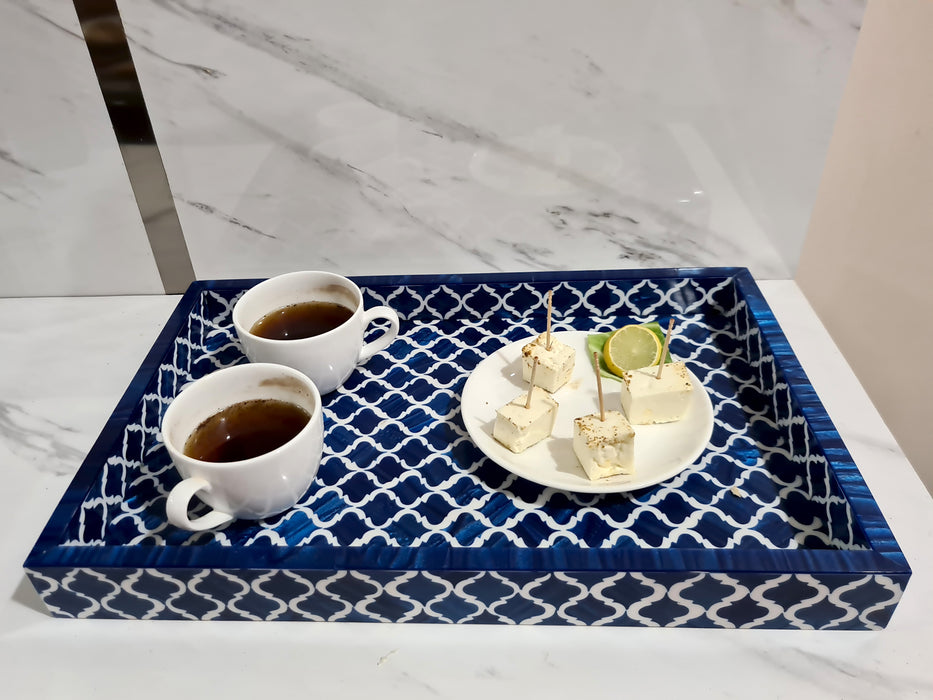 Handmade Damask Blue & White All Purpose Serving Tray Bone Inlay Moorish Moroccan Tray Designer Royal Trays Home Decorative … (Blue)