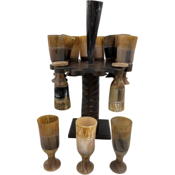 Handmade Natural Horn and Wooden Wine Drinking Goblet Unique Design With Wooden Stand Goblet Authentic Medieval Inspired Viking Drinking Shot Glasses Set Of 13